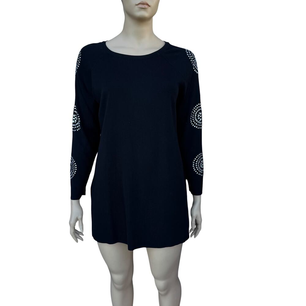 INC Black Rhinestone Medallion Sleeve Knit Sheath Sweater Dress Womens Size 2X